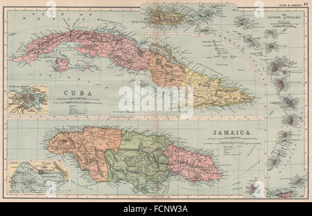 Antilles : Cuba Jamaïque Petites Antilles. La Havane en médaillon de Kingston. BACON 1893 map Banque D'Images