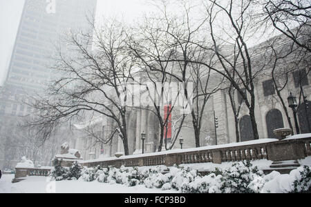 New York, USA. 23 Jan, 2016. New York Public Library à Midtown Manhattan, New York City pendant la tempête de blizzard Jonas. 23 janvier, 2016. Credit : Brigette Supernova / l'accent Photos/Alamy Live News Banque D'Images