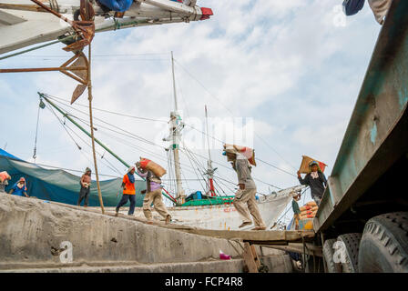 Travailleurs transportant des sacs de ciment d'un camion à un navire phinisi au port traditionnel de Sunda Kelapa à Penjaringan, dans le nord de Jakarta, Jakarta, Indonésie. Banque D'Images