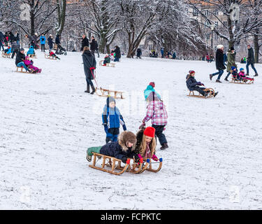 Deux jeunes filles chat comme ils le traîneau sur une pente enneigée dans un parc public en hiver, Berlin, Mitte, Volkspark suis Weinbergsweg, Banque D'Images