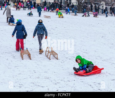 Familles et enfants avec des traîneaux sur une pente enneigée dans un parc public en hiver, Berlin, Mitte, Volkspark suis Weinbergsweg, Banque D'Images