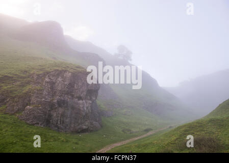 Un matin d'automne brumeux dans Cavedale Castleton, dans le parc national de Peak District. Banque D'Images