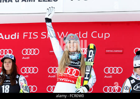 Cortina d'Ampezzo, Italie 24 janvier 2016. Lindsey Vonn (Usa) prend la 1ère place au cours de l'Audi Coupe du Monde de Ski Alpin Fis SuperG Banque D'Images