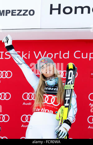 Cortina d'Ampezzo, Italie 24 janvier 2016. Lindsey Vonn (Usa) prend la 1ère place au cours de l'Audi Coupe du Monde de Ski Alpin Fis SuperG Banque D'Images