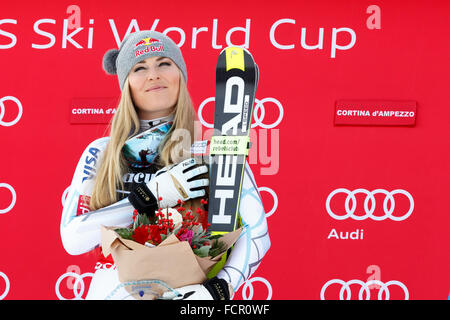 Cortina d'Ampezzo, Italie 24 janvier 2016. Lindsey Vonn (Usa) prend la 1ère place au cours de l'Audi Coupe du Monde de Ski Alpin Fis SuperG Banque D'Images