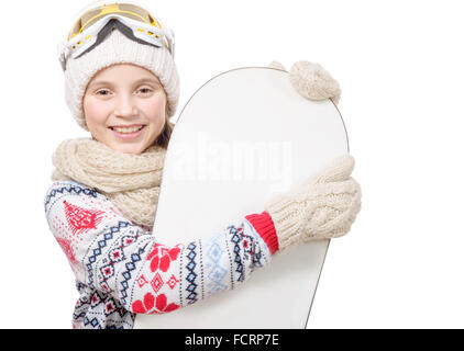 Une jolie jeune fille avec un snowboard en studio Banque D'Images