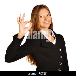 Fille dans la moitié montre des signes de croissance ok main. Banque D'Images