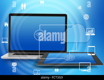 Ordinateur portable et tablette avec icônes networked wi-fi. Banque D'Images