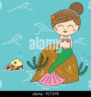 Vecteur de cute mermaid s'asseoir sur le rocher au-dessus de la mer avec des poissons dessinés à la main, Illustration de Vecteur