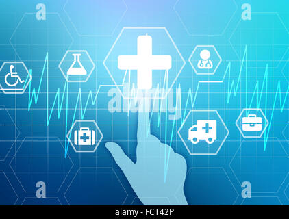 Main appuie sur la croix médicale. Heartbeat et icônes de la médecine. Banque D'Images