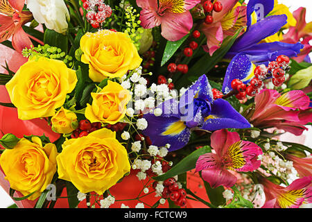 Magnifique bouquet de roses délicates, iris, l'alstroemeria, Jonathan Cerrada-mon paradis et d'autres fleurs. Libre. Banque D'Images