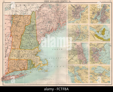 NEW ENGLAND/VILLES : ME VT MA RI CT. Philly SF NYC Chicago Boston 1898 StL map Banque D'Images