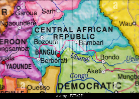 Photo d'une carte de la République centrafricaine et la capitale Bangui . Banque D'Images