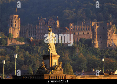 DEU, Allemagne, Heidelberg, statue de l'ancien pont sur la rivière Neckar et du château. DEU, Deutschland, Heidelberg, Statue Banque D'Images