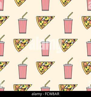 Contour coloré vecteur pizza slice triangle olives champignons fromage pepperoni tomate poivron soda boisson froide à emporter papier cup s Illustration de Vecteur