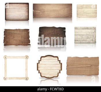 Les planches de bois brun, pancarte, bandes et dark frame sont isolé sur fond blanc Banque D'Images