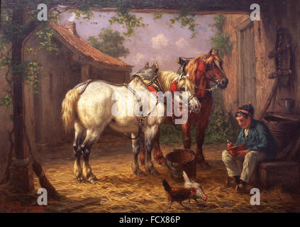 Les chevaux dans d'huile sur toile de l'artiste néerlandais Willem Jacobus Boogaard (1842-1887) Banque D'Images