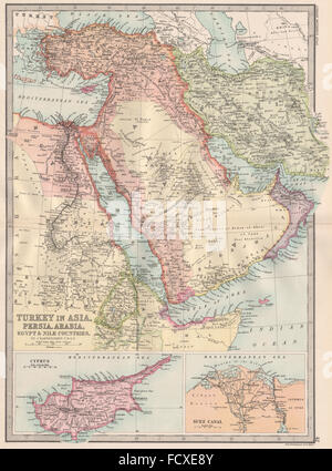 Moyen Orient Asie : Turquie Perse (Iran) Saoudite Egypte Chypre. Canal de Suez, 1890 map Banque D'Images