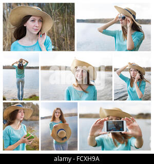 Collage Photo de happy girl in hat au lac par un jour de vent. Set pour livret sur Voyage et vacances Banque D'Images