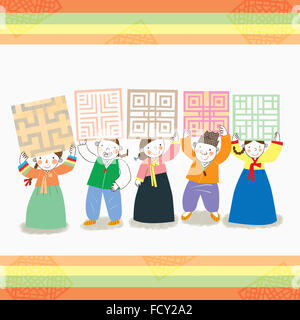 Illustration représentant imaginaire Korean thanksgiving day journée avec les schémas traditionnels de la Corée, le holding de la famille Banque D'Images