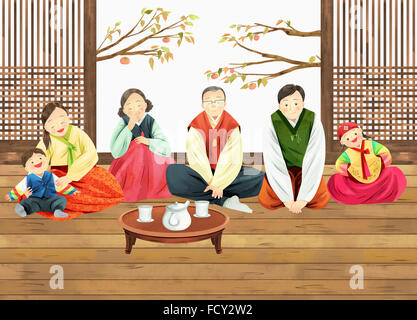 Illustration représentant Korean thanksgiving day journée en famille à l'automne Banque D'Images