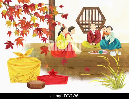 Illustration représentant Korean thanksgiving day journée en famille à l'automne Banque D'Images