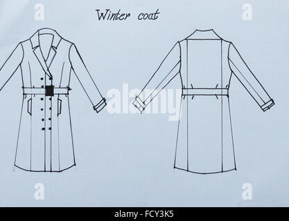 Croquis techniques à la main d'un manteau d'hiver de l'homme ou de l'imperméable, des deux côtés. Banque D'Images