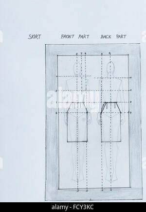 Croquis de mode technique d'une femme jupe droite forment les deux côtés Banque D'Images