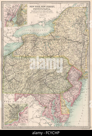 MID ATLANTIC STATES : New York New Jersey Pennsylvania Maryland Delaware 1890 map Banque D'Images
