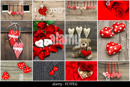 Valentines Day card concept. Coeur rouge, rose fleurs, décorations, cadres photo Banque D'Images