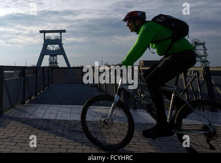 Herten, Allemagne. 22 janvier, 2016. Un cycliste se déplace sur son vtt passé la fosse de l'ancien châssis de l'usine d'extraction du charbon Ewald sur l'ancienne décharge minière Hoheward à Herten, Allemagne, 22 janvier 2016. De nombreux anciens conseils de déchets miniers dans la région de la Ruhr ont été transformés en parcs de loisirs et du paysage. Photo : Bernd Thissen/dpa/Alamy Live News Banque D'Images