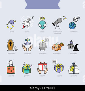 Ensemble d'icônes en ligne associés à l'espace, l'Halloween et présent Banque D'Images