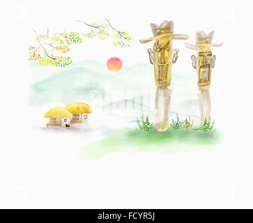 Jangseung, totem traditionnel coréen à l'entrée du village, à l'aquarelle Banque D'Images