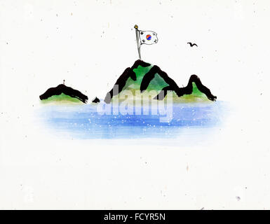 Drapeau national coréen sur l'île de Tokdo, aquarelle Banque D'Images