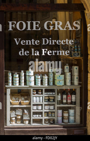 Vitrine de foie gras avec des signes, Sarlat-la-caneda, Aquitaine, France Banque D'Images