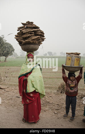 Femme et enfant avec le carburant fait à partir de fumier, les zones rurales du Rajasthan, Inde Banque D'Images