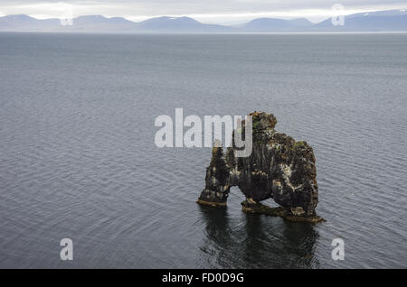 Stone 'mammoth' Islande. La pittoresque falaise dans la baie de Hoonah. Hvitserkur rochers à marée basse au coucher du soleil Banque D'Images