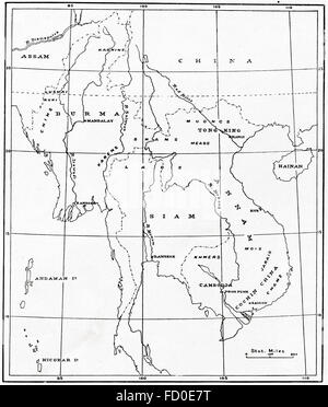 Une carte de la péninsule indochinoise c. 1900. Indochine ou Asie du sud-est continentale. Banque D'Images