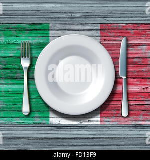 Cuisine italienne concept alimentaire comme un lieu avec le couteau et la fourchette sur une vieille table en bois rustique avec un symbole du drapeau de l'Italie comme une icône de la région méditerranéenne traditionnelle family eating in Italia. Banque D'Images