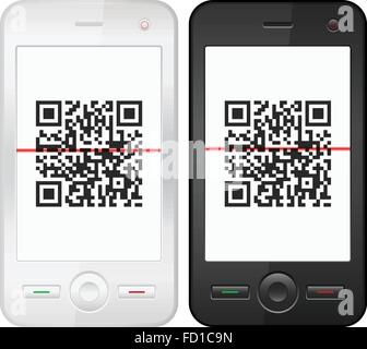 Téléphone mobile avec QR code scanner sur un fond blanc. Illustration de Vecteur