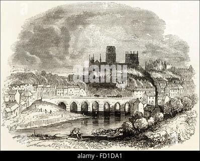 Vue de la cathédrale de Durham sur la rivière Port & Elvet Pont. La gravure sur bois victorien circa 1845. Banque D'Images