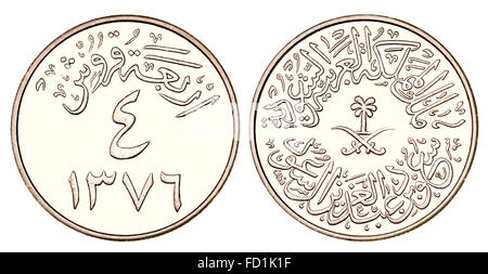 4 Qirsh Ghirsh / Médaille d'Arabie saoudite montrant l'écriture arabe et de symboles et la date 1376 (1956) sur le calendrier Islamique Banque D'Images