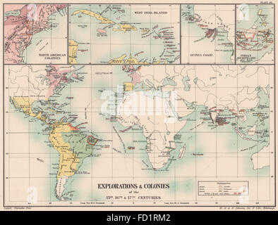 EXPLORATION EUROPÉENNE/COLONIES : 15C 16C 17C. Amériques Afrique Antilles, 1902 map Banque D'Images