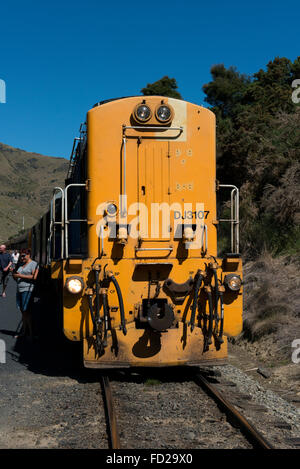 La NOUVELLE ZELANDE, Dunedin, Dunedin Taieri Gorge train chemins pittoresques. Diesel-électrique jaune DJ classe moteur. Banque D'Images