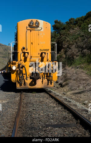 La NOUVELLE ZELANDE, Dunedin, Dunedin Taieri Gorge train chemins pittoresques. Diesel-électrique jaune DJ classe moteur. Banque D'Images