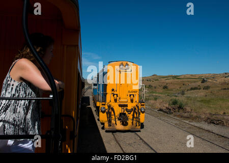 La NOUVELLE ZELANDE, Dunedin, Dunedin Taieri Gorge train chemins pittoresques. Diesel-électrique jaune DJ classe moteur. Banque D'Images