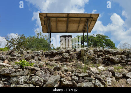 Stèle à l'ancien site archéologique de Copan au Honduras Banque D'Images