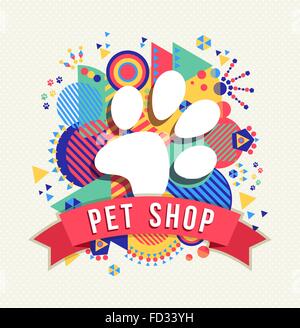 Pet Shop logo, icône de la patte de chien concept design avec étiquette de texte et d'arrière-plan coloré de forme géométrique. Vecteur EPS10. Illustration de Vecteur