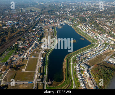 Vue aérienne, Phoenix, Phoenix Lake Lac Dortmund-Hörde avec surface de bâtiment et Hörder château, Dortmund, Ruhr, Banque D'Images