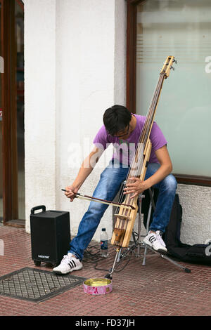 LA SERENA, CHILI - 18 février 2015 : Musicien de rue jouant un instrument de musique à cordes sur Prat street à La Serena, Chili Banque D'Images